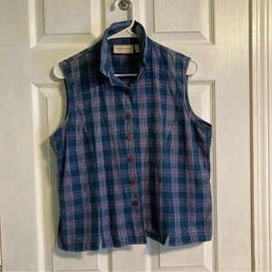 Lemon Grass 100% cotton blue and purple metallic plaid button-up sleeveless top